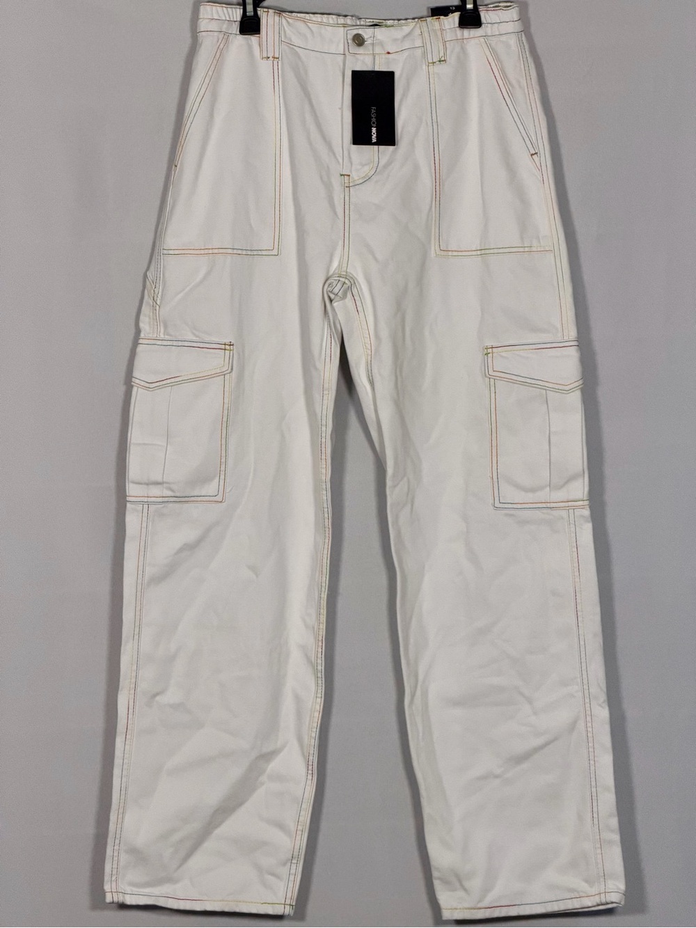 Woman’s White Cargo Pants with Contrast Stitching